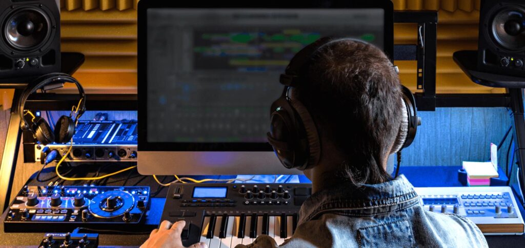A man working on sound editing process.