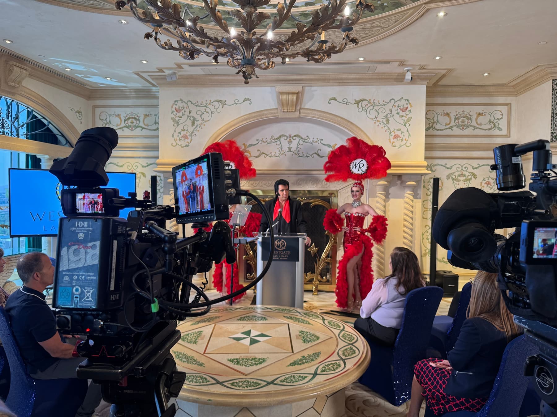 video marketing for a shoot at the westgate las vegas press realease with show girls and elvis